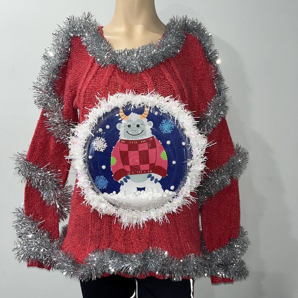 Yeti Abominable snowman snow 3D Tacky ugly woman Christmas sweater SM lights up!